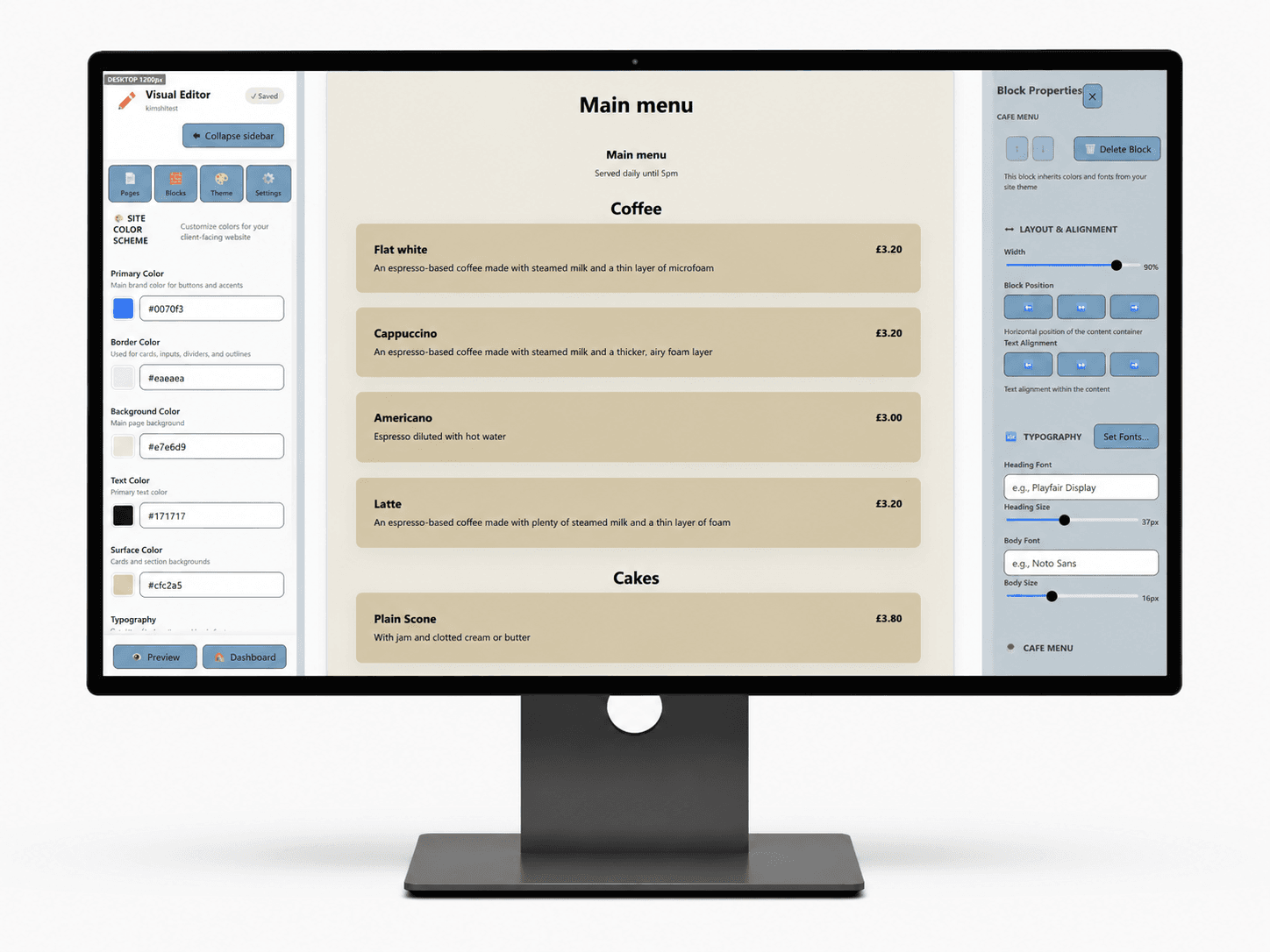 Cafe menu and website management screen